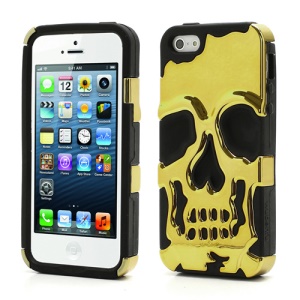 New Skull Head Soft Silicone Hard Plating Hybrid Case for iPhone 5 - Black / Gold