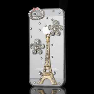 3D Luxury iPhone 5 Bling Crystal Diamond Flower & Eiffel Tower Hard Clear Case - Gold