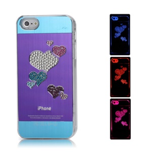 Diamond Hearts LED Flasher Two-tone Brushed Protector Case for iPhone 5 - Purple Middle / Baby Blue Top and Bottom