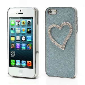 3D Heart Diamond Inlaid Shimmering Powder Electroplating Hard Cover Case for iPhone 5 - Blue