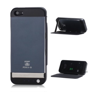 3000mAh External Backup Battery Charger Leather Stand Case Cover for iPhone 5 - Black