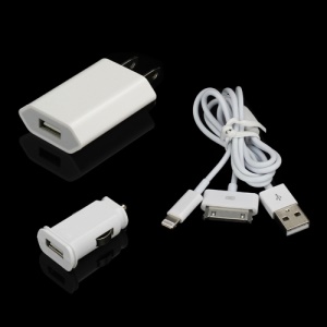 8 Pin &amp; 30 Pin USB Data Cable + Car Charger + Wall Charger Kit Bundle for iPhone iPod iPad Mini - US Plug