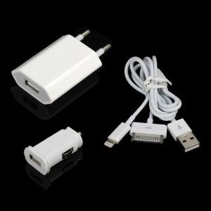 8 Pin &amp; 30 Pin USB Data Cable + Car Charger + Wall Charger Kit Bundle for iPhone iPod iPad Mini - EU Plug