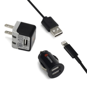 3 in 1 Griffin USB Data Charging Cable + Car Charger + Wall Charger Travel kit for iPhone 5 iPod Touch 5 iPad Mini - US Plug / Black