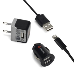 3 in 1 Griffin Home Wall AC Charger + Car Charger + 8 Pin USB Data Cable for iPhone 5 iPod Touch 5 iPod Nano 7 iPad Mini - EU Plug / Black