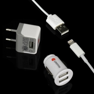 3 in 1 Griffin Home Wall AC Charger + Car Charger + 8 Pin USB Data Cable for iPhone 5 iPod Touch 5 iPod Nano 7 iPad Mini - EU Plug / White