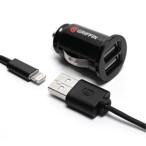 Griffin 2.1A Dual USB Car Charger Adapter with Detachable 8 Pin USB Charge Cable for iPhone 5 iPad 4 iPad Mini - Black