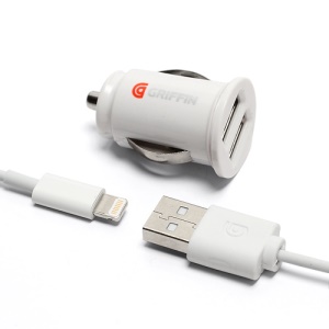 Griffin 2.1A Dual USB Car Charger Adapter with Detachable 8 Pin USB Charge Cable for iPhone 5 iPad 4 iPad Mini - White