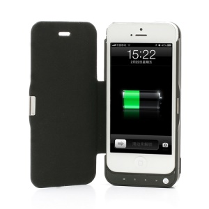 4200mAh External Power Backup Battery Charger Case w/ Folio Leather Cover for iPhone 5 - Black