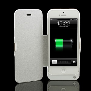 4200mAh Folio Leather Battery Charger Case External Power for iPhone 5 - White