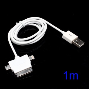 3 in 1 Micro USB + Lightning + 30 Pin Sync Charger USB Cable for iPhone iPad iPod Samsung HTC Sony LG - White