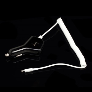 Coil Cord Car Charger w/ Extra USB Port for iPhone 5 / iPad Mini / 4 iPod Touch 5 / Nano 7 - Black