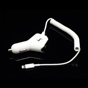 Coil Cord Car Charger w/ Extra USB Port for iPhone 5 / iPad Mini / 4 iPod Touch 5 / Nano 7 - White