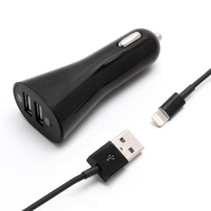 Dual-Port USB Car Charger w/ Lightning Cable for iPhone 5 iPad Mini iPad 4 iPod Touch 5 Nano 7 - Black