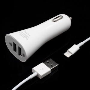 Dual-Port USB Car Charger w/ Lightning Cable for iPhone 5 iPad Mini iPad 4 iPod Touch 5 Nano 7 - White