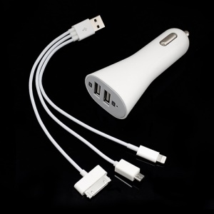 2-Port USB Car Charger w/ Lightning 30 Pin MicroUSB 3 in 1 Cable for iPhone 5 4 4S iPad iPod Samsung HTC etc