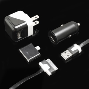 4 in 1 Car Charger + Wall Adapter + 8pin Connector + 30pin Data Cable for iPhone iPod - Black
