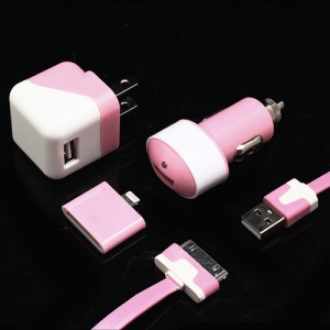 4 in 1 Car Charger + Wall Adapter + 8pin Connector + 30pin Data Cable for iPhone iPod - Pink