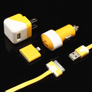 4 in 1 Car Charger + Wall Adapter + 8pin Connector + 30pin Data Cable for iPhone iPod - Yellow