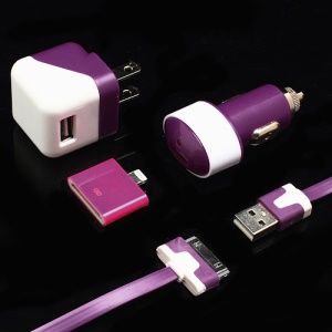 4 in 1 Car Charger + Wall Adapter + 8pin Connector + 30pin Data Cable for iPhone iPod - Purple