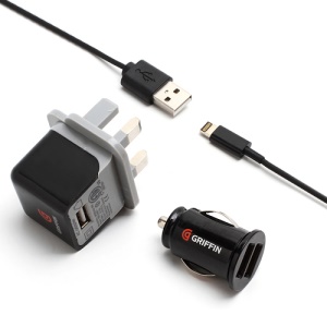 3 in 1 Griffin Wall AC Charger + Car Charger + 8-pin USB Data Cable for iPhone 5 iPod Touch 5 iPod Nano 7 iPad Mini - UK Plug / Black