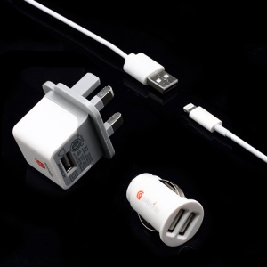 3 in 1 Griffin Wall AC Charger + Car Charger + 8-pin USB Data Cable for iPhone 5 iPod Touch 5 iPod Nano 7 iPad Mini - UK Plug / White