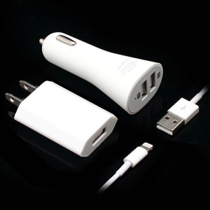 3 in 1 AC Wall Adapter + Dual-Port USB Car Charger + 8 Pin Lightning Cable Travel kit for iPhone 5 iPod Touch 5 iPod Nano 7 iPad Mini - US Plug