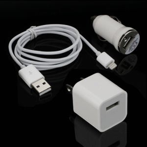 3 in 1 USB Wall & Car Charger + Lightning Cable Travel kit for iPhone 5 iPod Touch 5 iPod Nano 7 iPad Mini - US Plug / White
