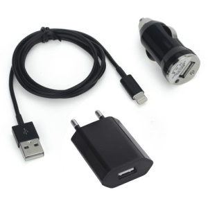 3 in 1 USB Wall & Car Charger + Lightning Cable Travel kit for iPhone 5 iPod Touch 5 iPod Nano 7 iPad Mini - EU Plug / Black
