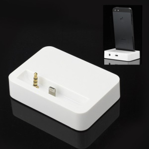 Lightning 8pin Male to Female iPhone 5 Desktop Charger Dock Station with 3.5mm Line Out - White