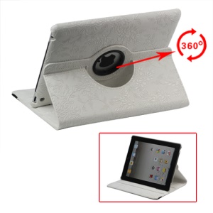 New iPad 2 3 4 Leather Stand Case Cover Flowers Embossing 360 Degree Rotary - White
