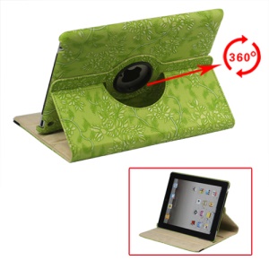 New iPad 2 3 4 Leather Stand Case Cover Flowers Embossing 360 Degree Rotary - Green