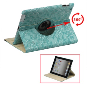 New iPad 2 3 4 Leather Stand Case Cover Flowers Embossing 360 Degree Rotary - Blue