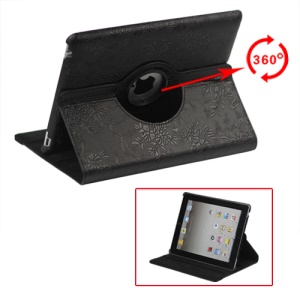 New iPad 2 3 4 Leather Stand Case Cover Flowers Embossing 360 Degree Rotary - Black