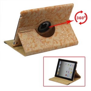 360 Degree Rotary Flowers Embossing Stand Case Leather for New iPad 2 3 4 - Orange