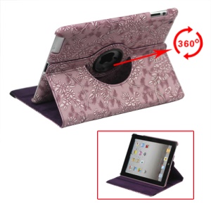 360 Degree Rotary Flowers Embossing Stand Case Leather for New iPad 2 3 4 - Purple
