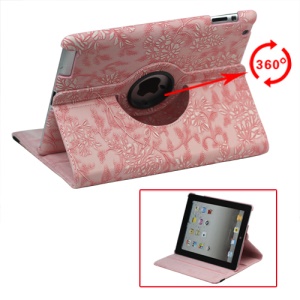 360 Degree Rotary Flowers Embossing Stand Case Leather for New iPad 2 3 4 - Pink
