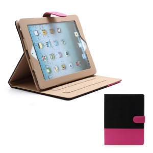 Woven Pattern Contrasting Two-tone Magnetic Leather Stand Case for iPad 4 / 3 / 2 - Rose / Black
