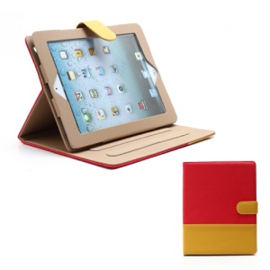 Woven Pattern Contrasting Two-tone Magnetic Leather Stand Case for iPad 4 / 3 / 2 - Yellow / Red