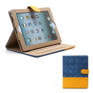 Woven Pattern Contrasting Two-tone Magnetic Leather Stand Case for iPad 4 / 3 / 2 - Yellow / Blue