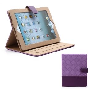 Woven Pattern Contrasting Two-tone Magnetic Leather Stand Case for iPad 4 / 3 / 2 - Dark Purple / Purple