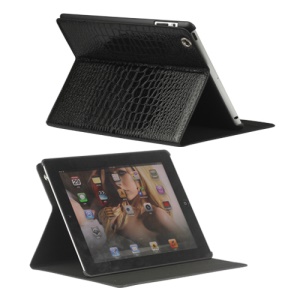 Crocodile Folio Leather Case Stand for New iPad 4th 3rd 2nd Gen - Black