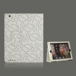Glittery Flora Leather Case with Stand for iPad 2 The New iPad / iPad 4 - White