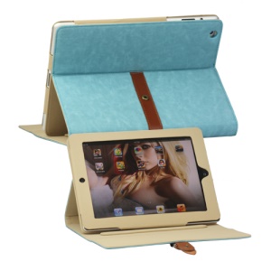 Stylish Stand Leather Case with Belt and Brass Buckle for The New iPad 3rd Gen - Blue