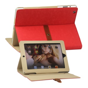 Stylish Leather Stand Case with Belt and Brass Buckle for iPad 4th 3rd 2nd Gen - Red