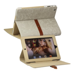 Stylish Leather Stand Case with Belt and Brass Buckle for iPad 4th 3rd 2nd Gen - Grey