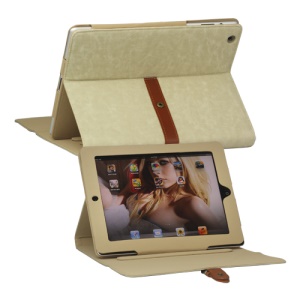 Stylish Leather Stand Case with Belt and Brass Buckle for iPad 4th 3rd 2nd Gen - Beige