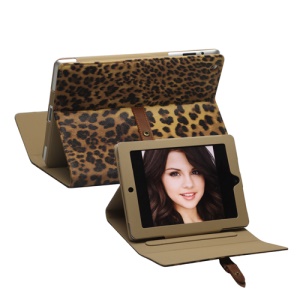 Leopard Leather Case Stand with Belt and Brass Buckle for iPad 2nd 3rd 4th Gen - Brown