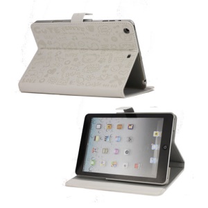 Cute Cartoon Graffiti Leather Stand Case for iPad Mini - White
