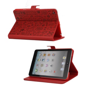 Cute Cartoon Graffiti Leather Stand Case for iPad Mini - Red
